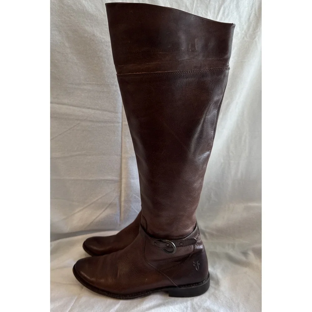 Frye Melissa Womens Fold Over Knee Boots Tall Riding Brown Leather‎ Strap 6.5 B